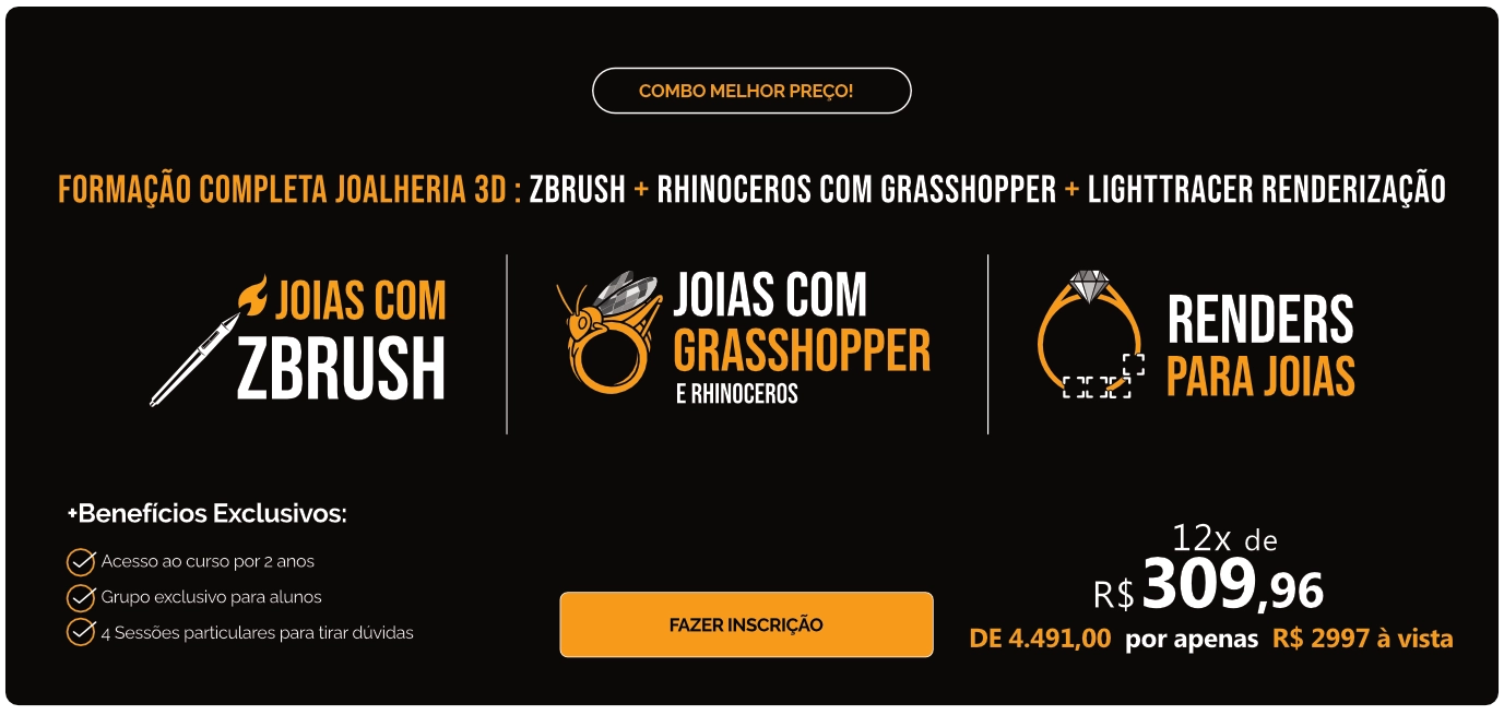 02 COMBO FORMACAO JOALHERIA 3D PEDRO LOBO ACADEMY curso de joias 3D com rhinoceros, Zbrush e Renderização de joias 3D